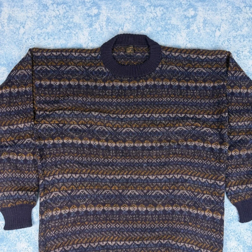 Vintage Alpaca Baby Fina Peru Hand Knitted Fair Isle Sweater Navy Blue Mens XL